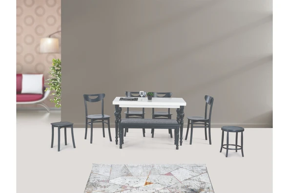 Damla Sabit Masa Ve Alman Sandalye Takımı, Beyaz Antrasit, 125X80