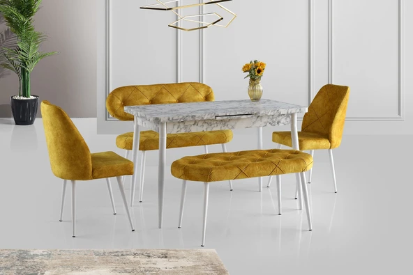 Ay Masa Ve Sandalye Bench Takımı, Açık Hardal Beyaz, 120X70