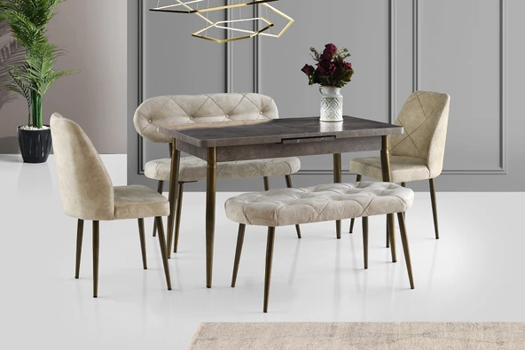 Ay Masa Ve Sandalye Bench Takımı, Krem Gold, 120X70