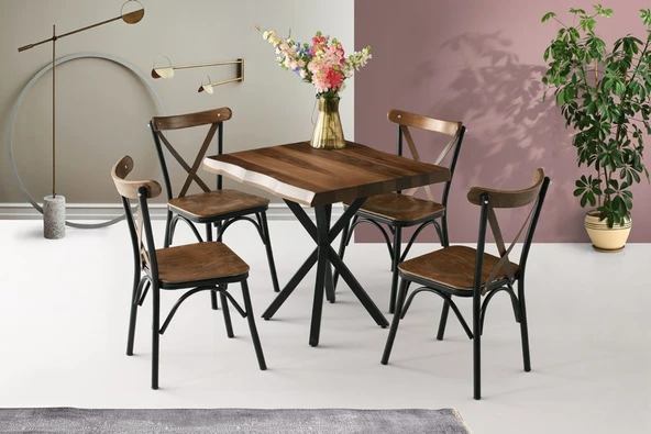 Keops Masa Ve Bahar Çapraz Sandalye Takımı, Beyaz, Siyah 80X80