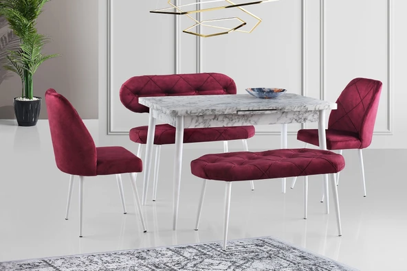 Ay Masa Ve Sandalye Bench Takımı, Fuşya Beyaz, 120X70