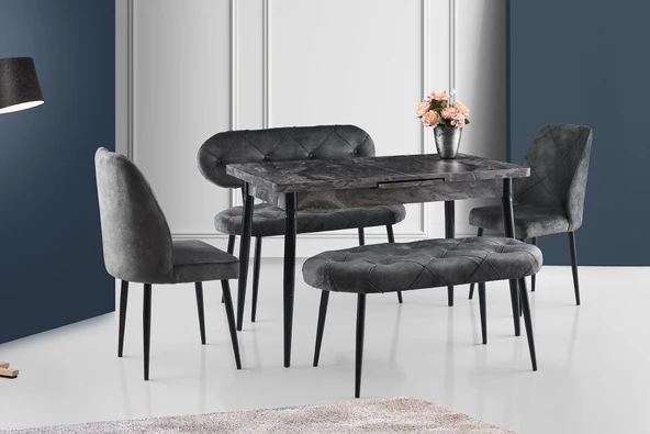 Ay Masa Ve Sandalye Bench Takımı, Gri Siyah, 120X70