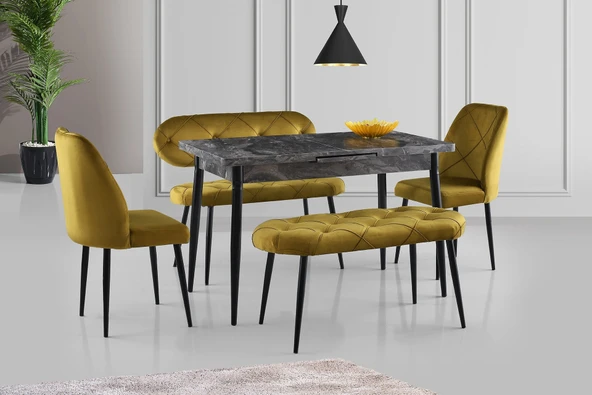 Ay Masa Ve Sandalye Bench Takımı, Hardal Siyah, 120X70