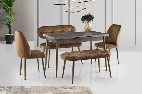 Ay Masa Ve Sandalye Bench Takimi, Kahve Gold, 120X70