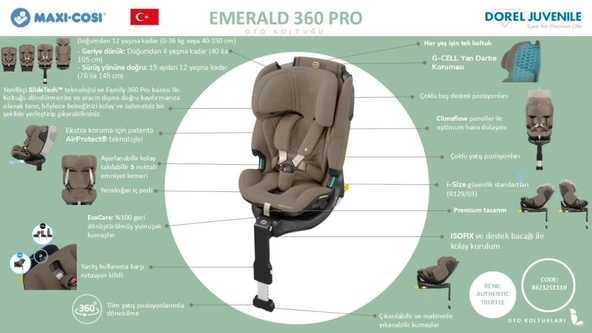 Maxi-Cosi Emerald 360 Pro I-Size Dünyanın İlk Kızaklı, Araç Dışına Çıkabilen İsofix'li 360 Dönebilir Yatabilir 0-36 kg Bebek Oto Koltuğu Authentic Truffle - 3