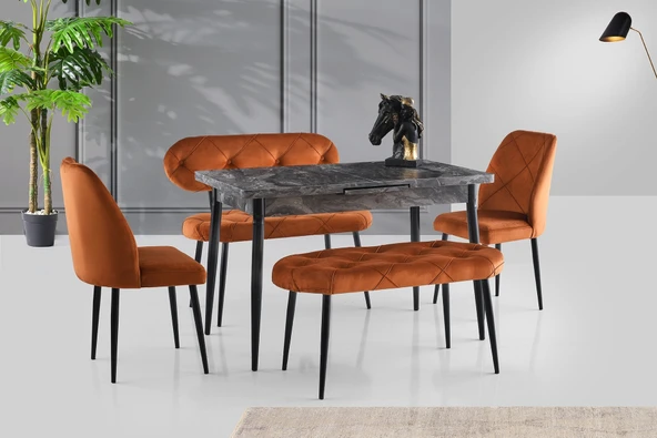 Ay Masa Ve Sandalye Bench Takımı, Kiremit Siyah, 120X70