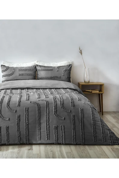 Pamuklu Sasha Kabartmalı Yatak Örtüsü Takımı Günlük Çift Kişilik Boho 3 Parça Elyaf Dolgulu - 5