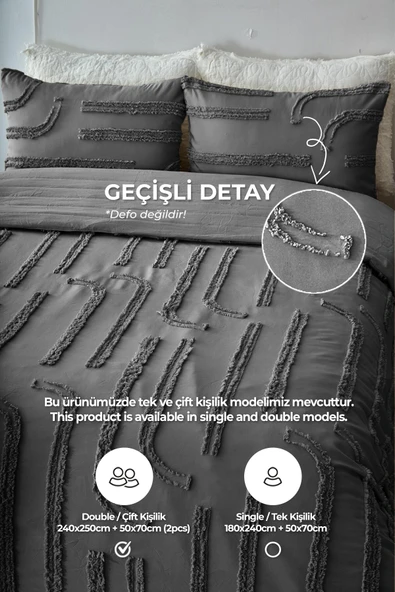 Pamuklu Sasha Kabartmalı Yatak Örtüsü Takımı Günlük Çift Kişilik Boho 3 Parça Elyaf Dolgulu - 3