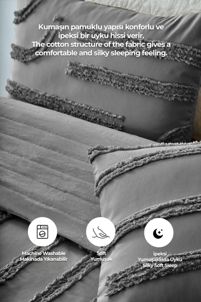 Pamuklu Sasha Kabartmalı Yatak Örtüsü Takımı Günlük Çift Kişilik Boho 3 Parça Elyaf Dolgulu - 2