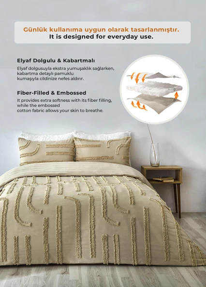 Pamuklu Sasha Kabartmalı Yatak Örtüsü Takımı Günlük Çift Kişilik Boho 3 Parça Elyaf Dolgulu - 10