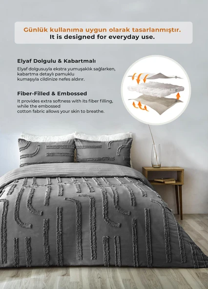 Pamuklu Sasha Kabartmalı Yatak Örtüsü Takımı Günlük Çift Kişilik Boho 3 Parça Elyaf Dolgulu - 4