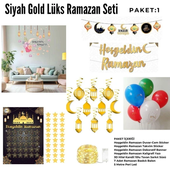 Siyah Gold Lüks Hoşgeldin Ramazan Temalı Stickerlı Ledli Süsleme Seti (Paket:1)