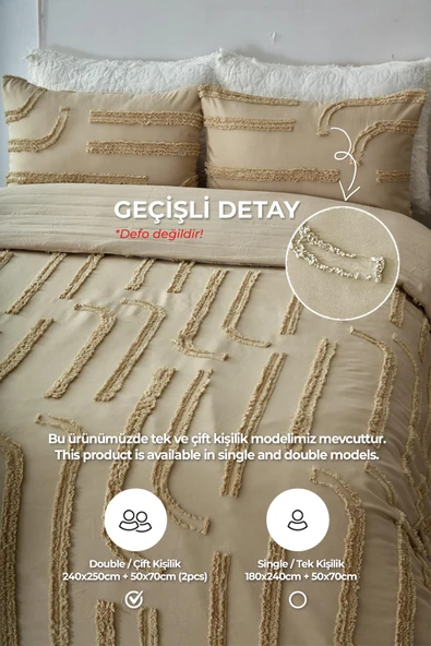 Pamuklu Sasha Kabartmalı Yatak Örtüsü Takımı Günlük Çift Kişilik Boho 3 Parça Elyaf Dolgulu - 9