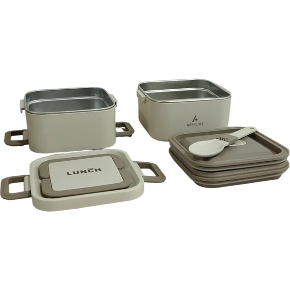 Aryıldız Bento Kare 2 Katlı Lunch Box Yemek Termosu Bej 1400 ml - 2