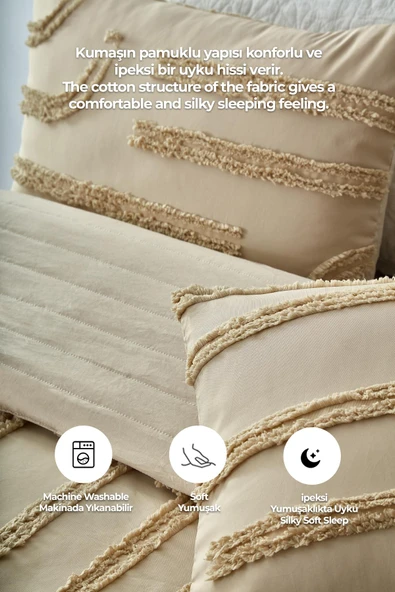 Pamuklu Sasha Kabartmalı Yatak Örtüsü Takımı Günlük Çift Kişilik Boho 3 Parça Elyaf Dolgulu - 8
