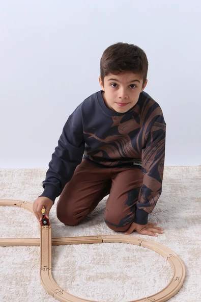 ERKEK ÇOCUK EŞOFMAN TAKIMI BASKILI RİBANALI BİSİKLET YAKA F9 - Resim 6