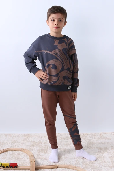 ERKEK ÇOCUK EŞOFMAN TAKIMI BASKILI RİBANALI BİSİKLET YAKA F9 - Resim 7