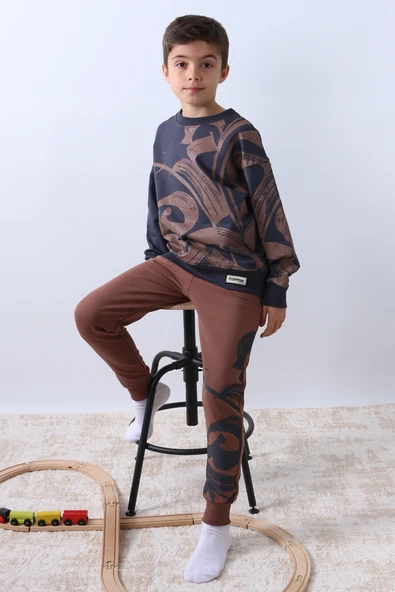 ERKEK ÇOCUK EŞOFMAN TAKIMI BASKILI RİBANALI BİSİKLET YAKA F9 - Resim 5