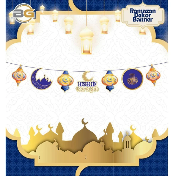 Lacivert Lüks Hoşgeldin Ramazan Temalı Stickerlı Ledli Süsleme Seti 7 Parça (Paket:2) - 6
