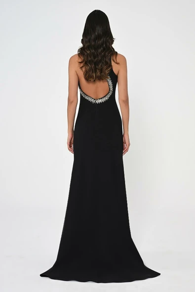 Alfa Beta Taşlı İşlemeli Önden Yırtmaçlı Krep Uzun Abiye Elbise - 4