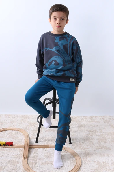 ERKEK ÇOCUK EŞOFMAN TAKIMI BASKILI RİBANALI BİSİKLET YAKA F9 - Resim 9