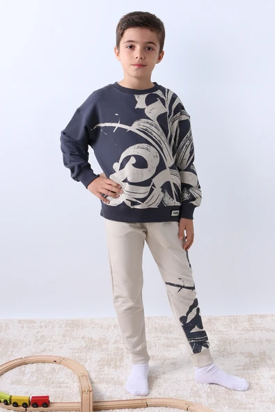 ERKEK ÇOCUK EŞOFMAN TAKIMI BASKILI RİBANALI BİSİKLET YAKA F9 - Resim 3