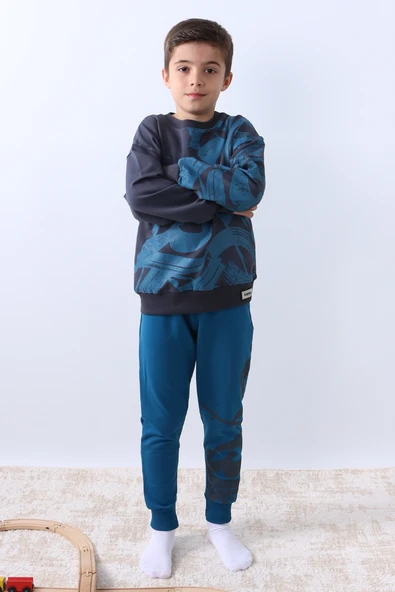 ERKEK ÇOCUK EŞOFMAN TAKIMI BASKILI RİBANALI BİSİKLET YAKA F9 - Resim 11