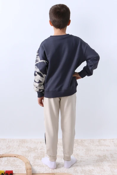 ERKEK ÇOCUK EŞOFMAN TAKIMI BASKILI RİBANALI BİSİKLET YAKA F9 - Resim 4