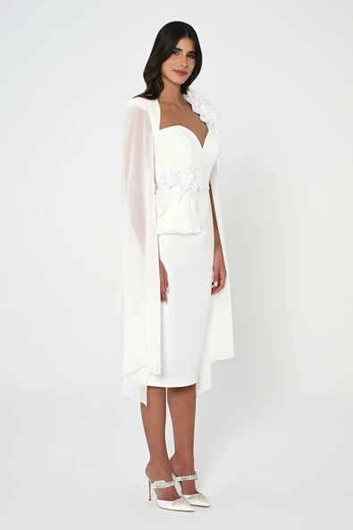 Alfa Beta Kadın Kalp Göğüs Kolları Şifon Şal Midi Abiye Elbise - 3