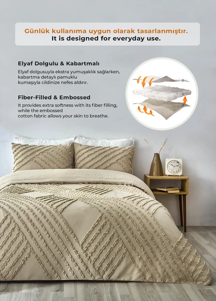 Pamuklu Nora Kabartmalı Yatak Örtüsü Takımı Tek Kişilik Günlük Boho 2 Parça Elyaf Dolgulu - 4