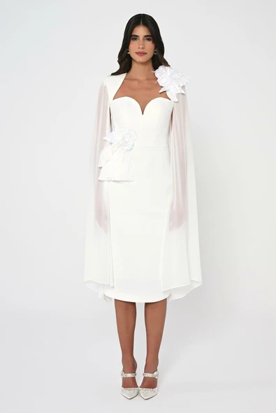 Alfa Beta Kadın Kalp Göğüs Kolları Şifon Şal Midi Abiye Elbise - 5