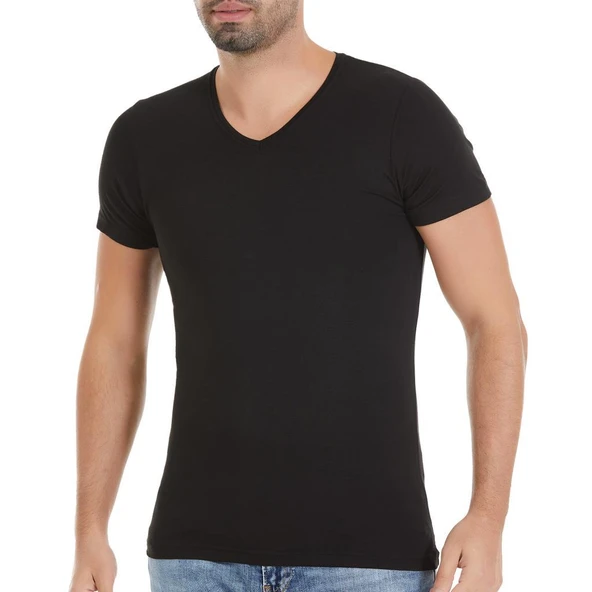 3 Adet Yıldız Erkek Bambu V Yaka T-Shirt Fanila Siyah 481