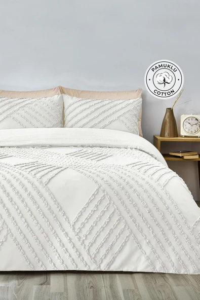 Pamuklu Nora Kabartmalı Yatak Örtüsü Takımı Tek Kişilik Günlük Boho 2 Parça Elyaf Dolgulu - 11