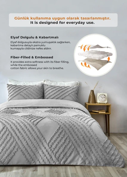 Pamuklu Nora Kabartmalı Yatak Örtüsü Takımı Tek Kişilik Günlük Boho 2 Parça Elyaf Dolgulu - 9
