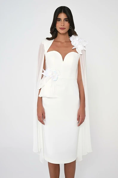 Alfa Beta Kadın Kalp Göğüs Kolları Şifon Şal Midi Abiye Elbise