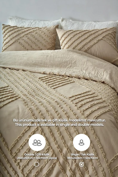 Pamuklu Nora Kabartmalı Yatak Örtüsü Takımı Tek Kişilik Günlük Boho 2 Parça Elyaf Dolgulu - 3