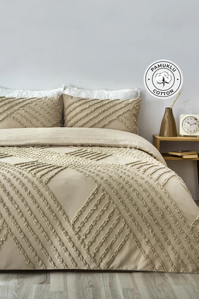 Pamuklu Nora Kabartmalı Yatak Örtüsü Takımı Tek Kişilik Günlük Boho 2 Parça Elyaf Dolgulu