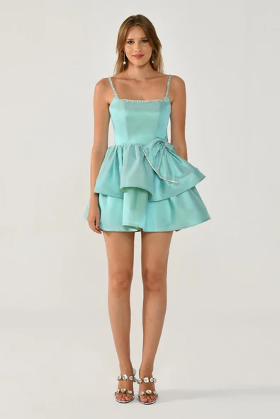 Alfa Beta Askılı Şerit Taş Aksesuarlı Fiyonklu Tafta Kısa Abiye Elbise - Resim 6