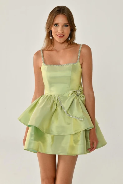 Alfa Beta Askılı Şerit Taş Aksesuarlı Fiyonklu Tafta Kısa Abiye Elbise - Resim 2