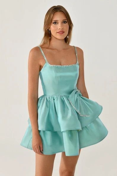 Alfa Beta Askılı Şerit Taş Aksesuarlı Fiyonklu Tafta Kısa Abiye Elbise - Resim 8