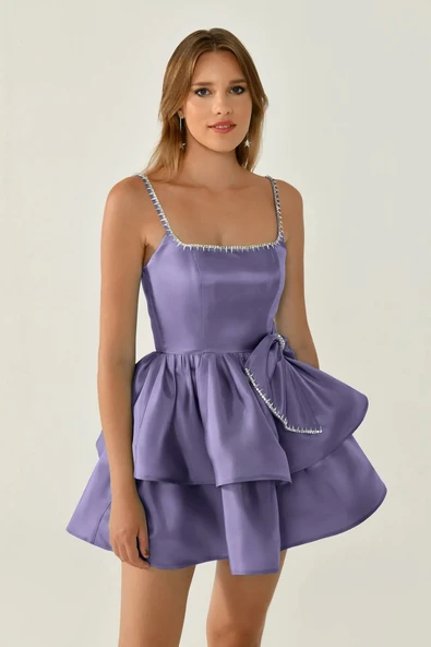 Alfa Beta Askılı Şerit Taş Aksesuarlı Fiyonklu Tafta Kısa Abiye Elbise - Resim 11