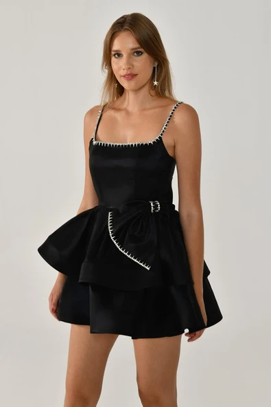 Alfa Beta Askılı Şerit Taş Aksesuarlı Fiyonklu Tafta Kısa Abiye Elbise - Resim 4