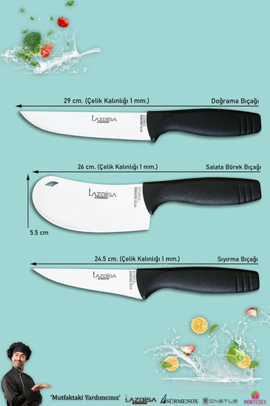 Eco Serisi Mutfak Bıçak Seti Et Ekmek Sebze Pizza Salata Börek Şef Bıçağı 3 Lü Set - Resim 2
