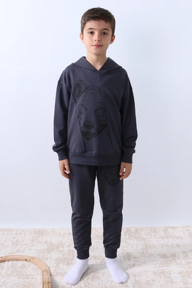 ERKEK ÇOCUK KAPŞONLU EŞOFMAN TAKIMI KURT BASKILI F10 - Resim 5