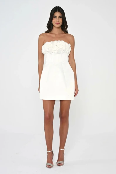 Alfa Beta Straplez Üst Çiçek Aksesuarlı Mat Saten Kısa Abiye Elbise - 8