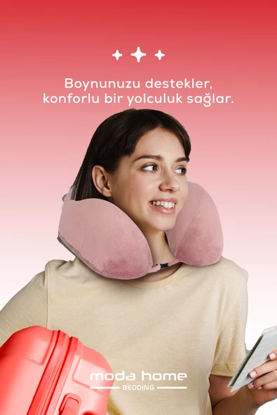 Moda Home Bedding Visco Ortopedik Seyahat Yastığı-Visco Yastık,Çıkarılabilir Kılıf, Lüks Seyahat Yastığı Pembe - 3