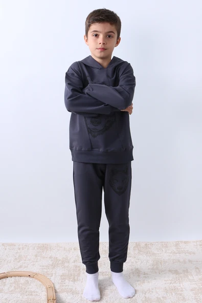 ERKEK ÇOCUK KAPŞONLU EŞOFMAN TAKIMI KURT BASKILI F10 - Resim 8