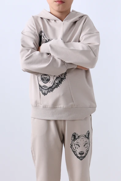 ERKEK ÇOCUK KAPŞONLU EŞOFMAN TAKIMI KURT BASKILI F10 - Resim 12