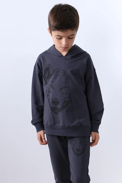 ERKEK ÇOCUK KAPŞONLU EŞOFMAN TAKIMI KURT BASKILI F10 - Resim 7