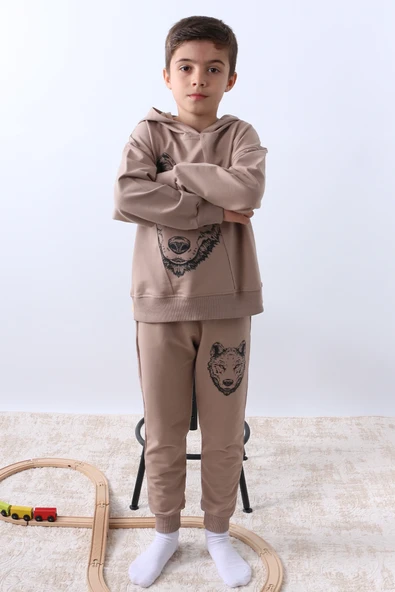 ERKEK ÇOCUK KAPŞONLU EŞOFMAN TAKIMI KURT BASKILI F10 - Resim 3